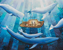 Load image into Gallery viewer, Art piece made up of tiny magazine cutouts. The Brother of Jared playing with his infant while his wife plays a guitar instrument. They are inside a wooden vessel surrounded by whales. 
