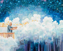 Load image into Gallery viewer, Art piece made up of tiny magazine cutouts. Enoch preaches from a golden balcony while the city rises into the clouds. Stars dot the sky.
