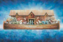 Load image into Gallery viewer, Noah&#39;s ark with Noah, his family, and the animals gathered in prayer. Artwork made up of tiny magazine cutouts. 
