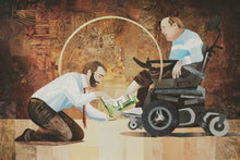 Load image into Gallery viewer, A man helps a man in a wheelchair with his foot brace.
