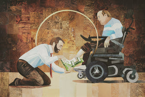 A man helps a man in a wheelchair with his foot brace.