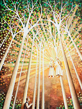 Load image into Gallery viewer, Artwork made from tiny magazine cutouts. Joseph Smith kneels in the sacred Grove and looks up toward Heavenly Father and Jesus Christ. 
