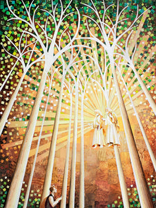 Artwork made from tiny magazine cutouts. Joseph Smith kneels in the sacred Grove and looks up toward Heavenly Father and Jesus Christ. 